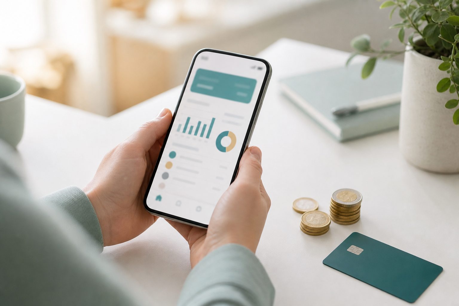 Smartphone mit Banking-App, Euro-Münzen und Bankkarte auf einem hellen Schreibtisch