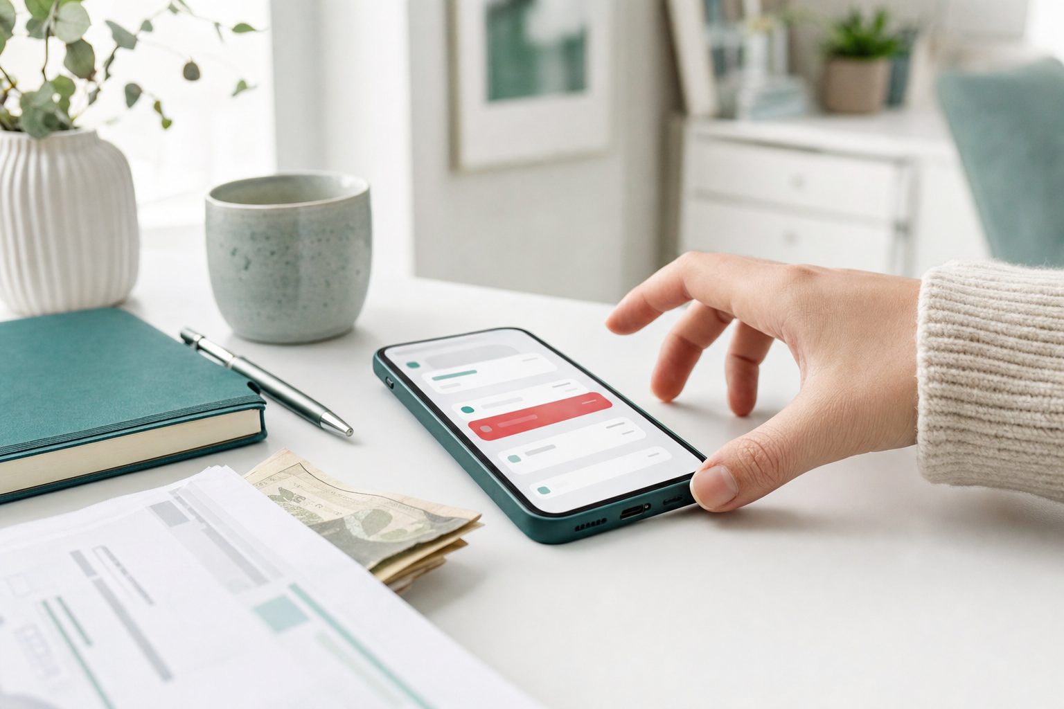 Smartphone mit Banking-App und rotem Kontostand auf einem Schreibtisch, daneben Rechnungen und ein Stift, Nahaufnahme ohne lesbare persönliche Daten