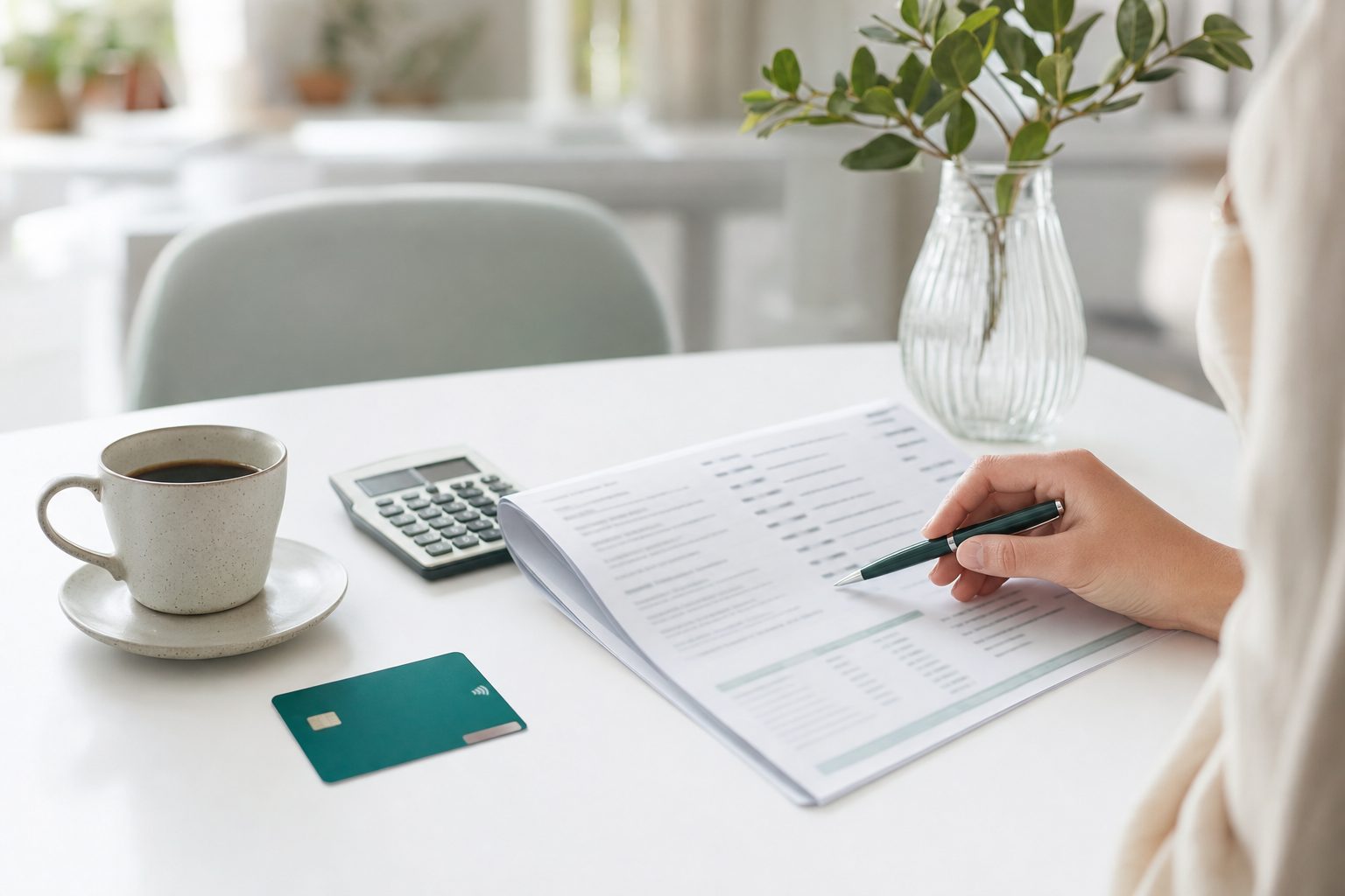 Aufgeschlagener Kontoauszug mit Gebührenposten auf einem Küchentisch, daneben Bankkarte, Taschenrechner und eine Kaffeetasse, Nahaufnahme ohne lesbare Kontodaten