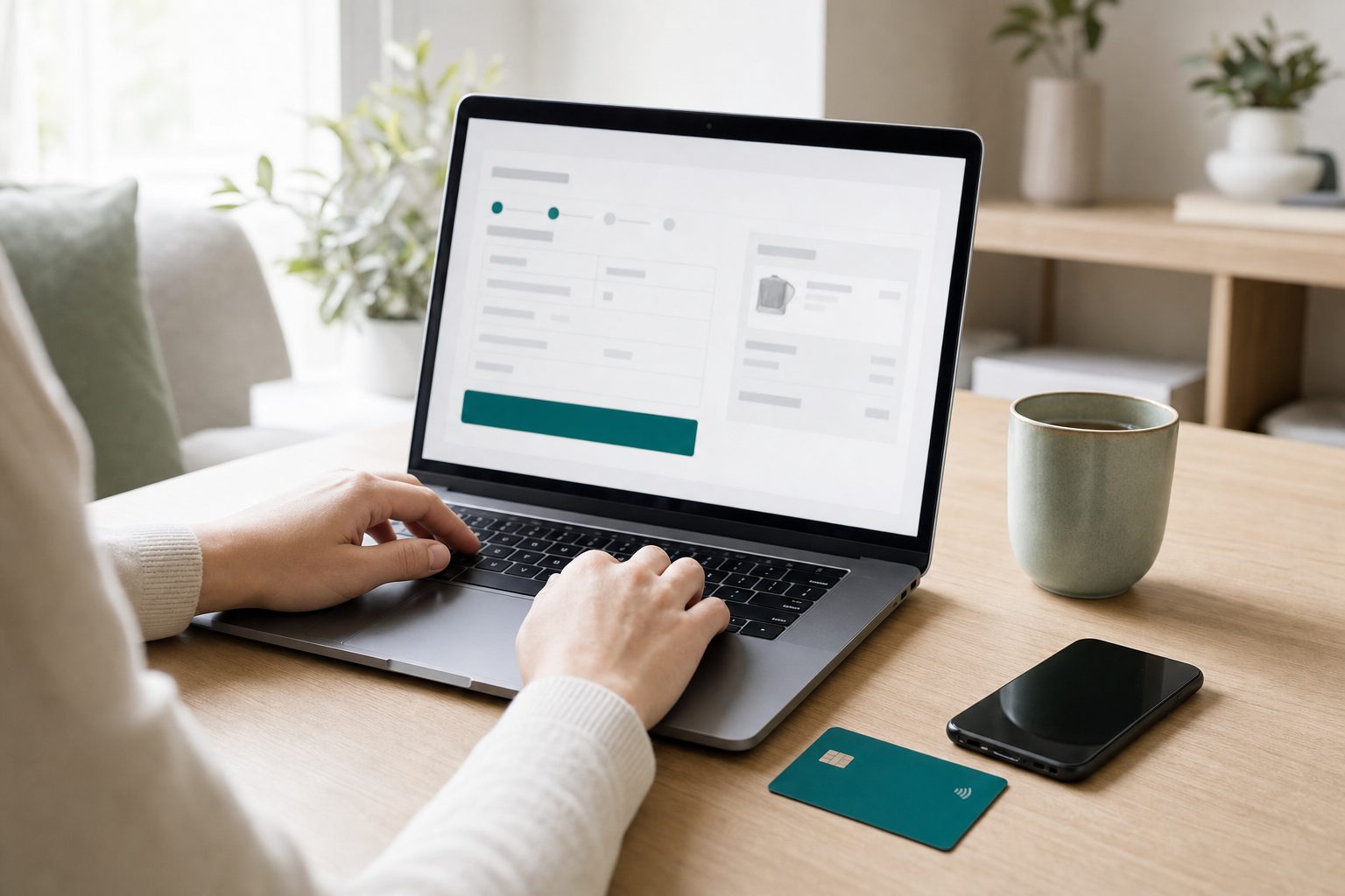 Laptop mit geöffnetem Bezahlvorgang eines Onlineshops auf einem Holztisch, daneben Smartphone und Kreditkarte, Bildschirm ohne lesbare Beträge oder Logos